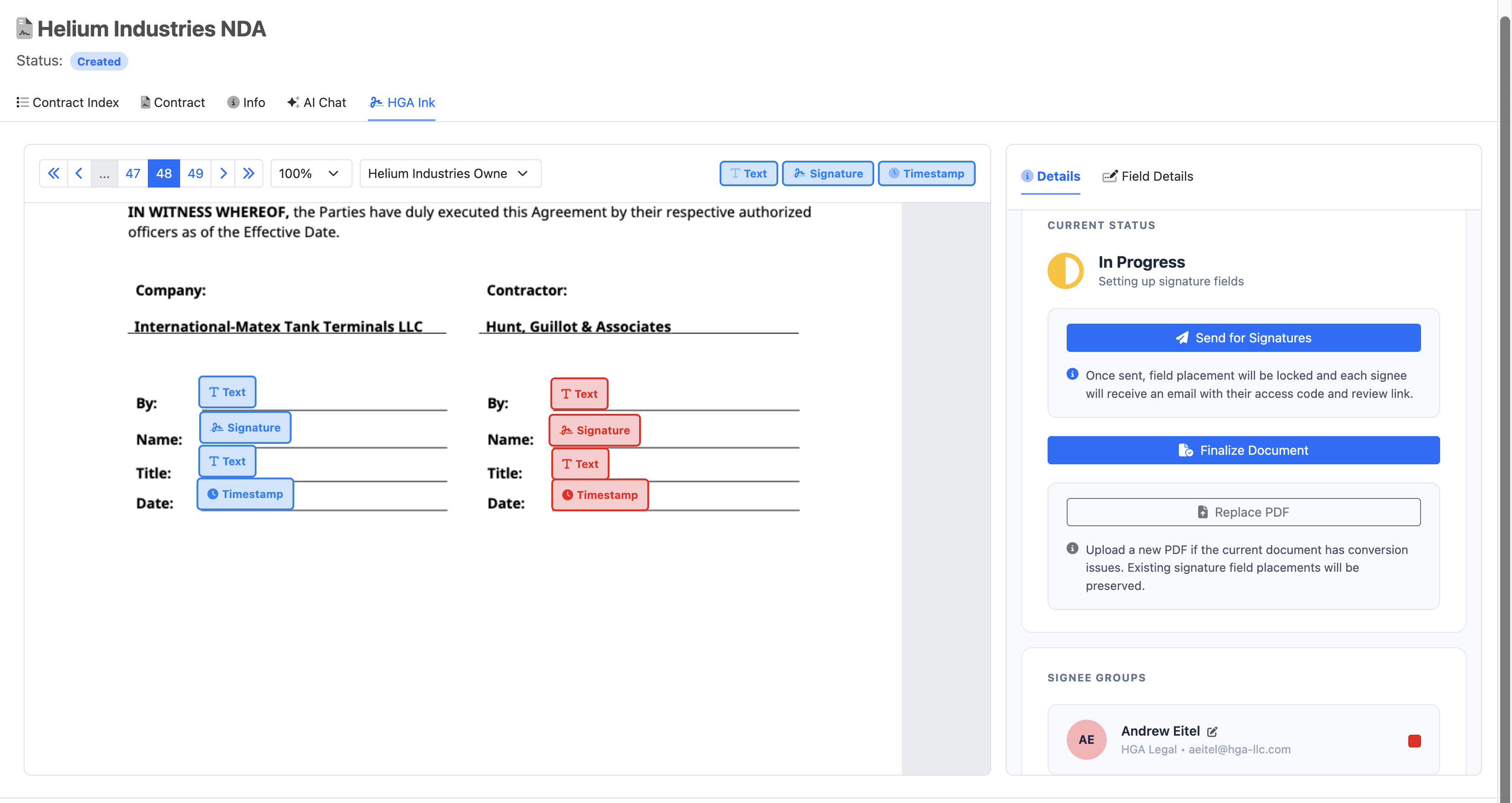 Signature field placement and signee management